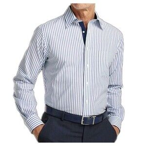 Paul Frederick 100% Cotton White Blue Striped Button Down Shirt Mens 16.5 - 37